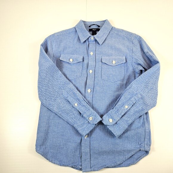 GapKids Shirt Boys Medium Blue Long Sleeve Button Up Chest Pockets Cotton Top - Picture 2 of 10